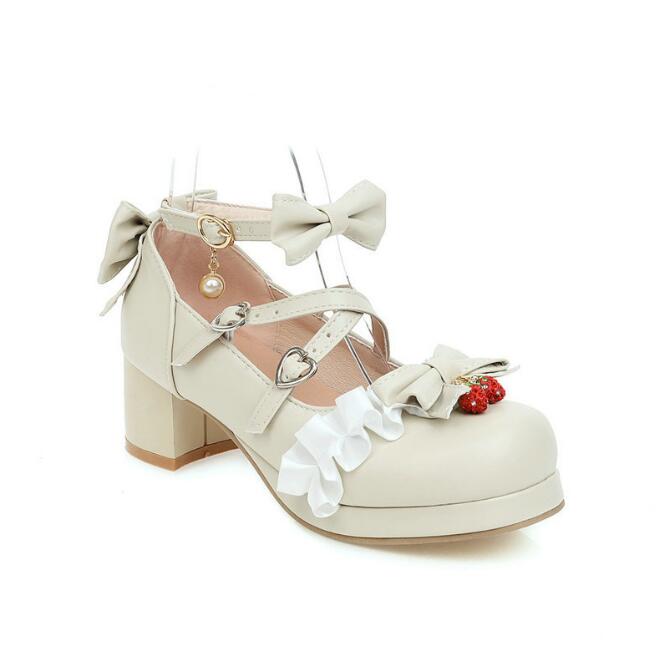 Girls High Heel Shoes Lolita Ruffles Bowknot Lace Wedding Shoes Women High Heel Princess Dress Party Shoes Plus Size 30-46