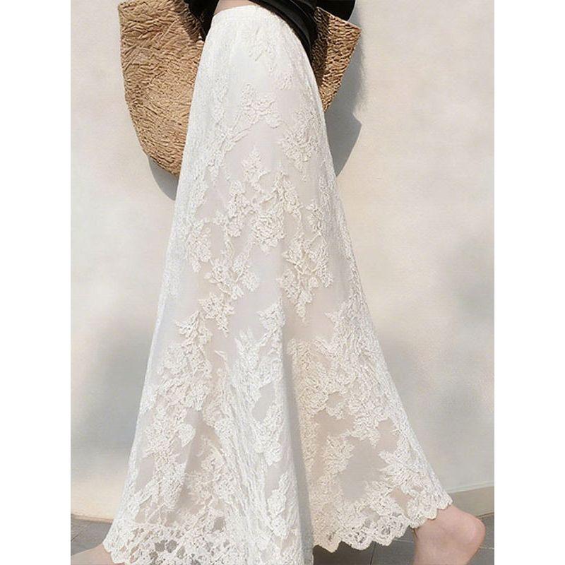 Spring Unique Design, Chic and Elegant White Lace Skirt with a Draping Effect, High-Waisted Slimming A-Line Long Skirt for Women