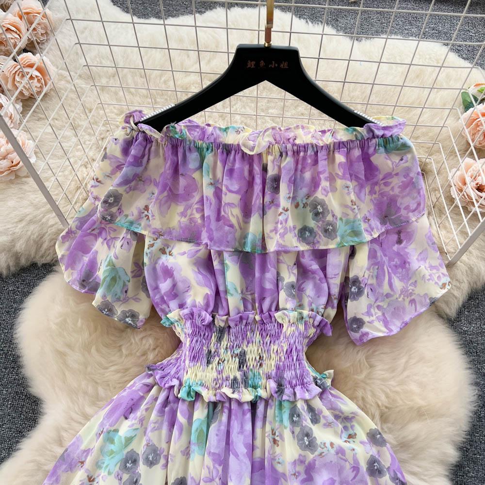 Summer French One Line Neck Fragmented Flower Dress Pleated Waist Wrapped High Grade Sweet Dress