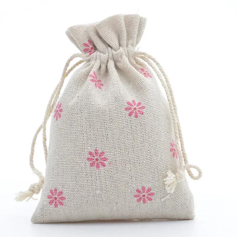 10pc Drawstring Cotton Linen Print Organizer 10x14/13x18cm Women Jewelry Cosmetics Cloth Bag Christmas Gift Bag Party Decoration