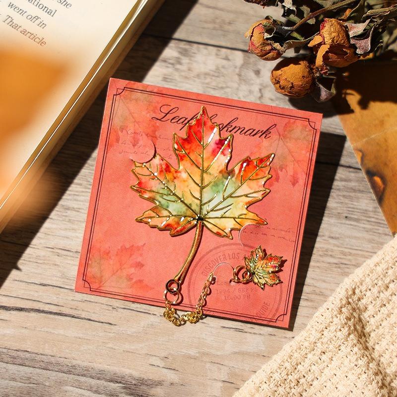 Metal Bookmarks - Vintage Leaf Shape Bookmarks Set, Enamel Gold Edge Book Page Clips, Elegant Chinese Style Reading Accessories (8cm X 8cm)