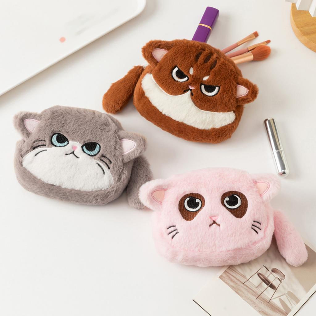 Cat Shaped Coin Purse Plush Coin Pouch Cute Wallet with Zipper Small Change Purse for Women Portable Cosmetic Bags