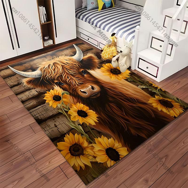Hochlandkuh mit Sonnenblumen Teppich Yoga Wohnzimmer Zimmerdekoration Kinder Krabbelmatte Fußmatte Bereichsteppich Spielmatte