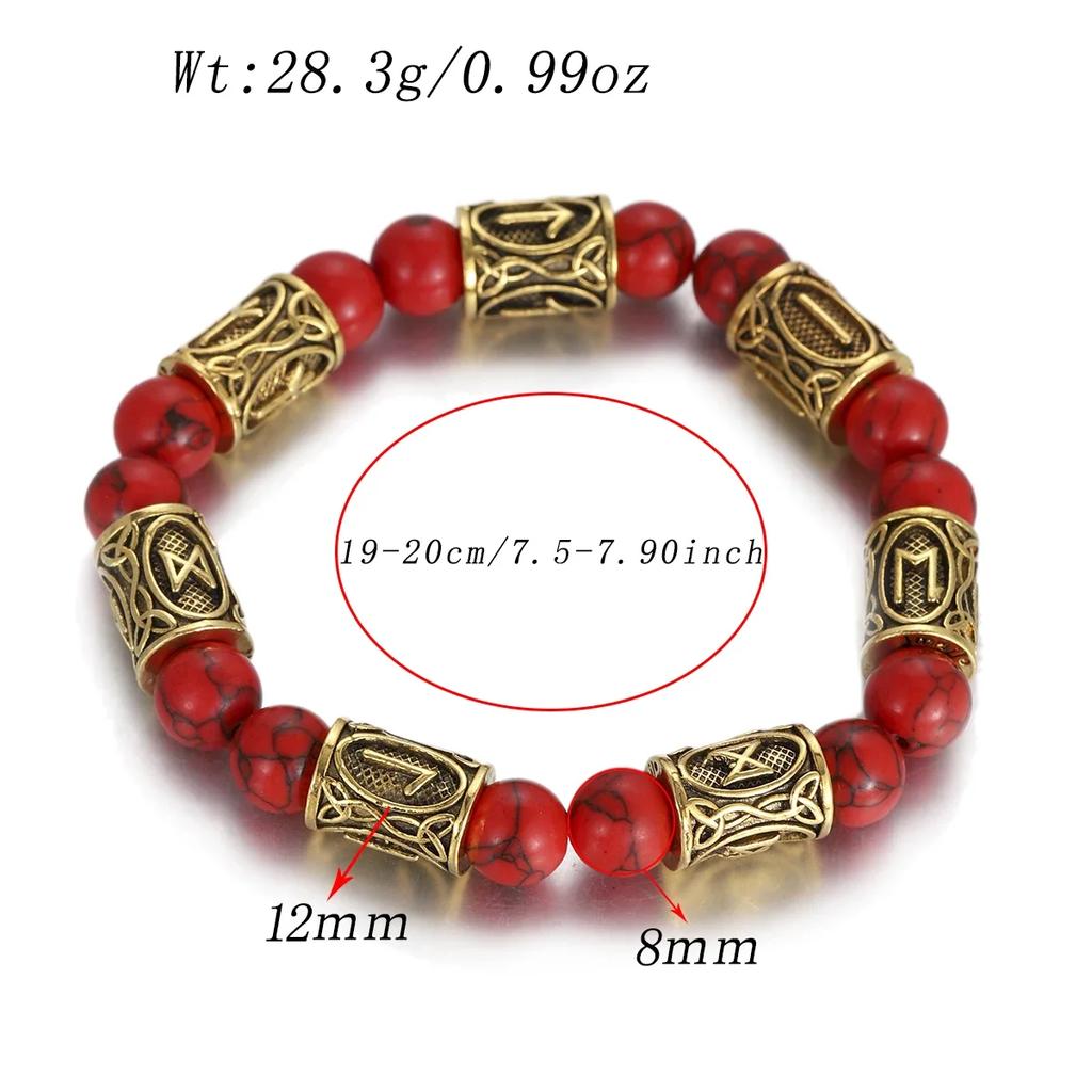 Classic Gold Vikings Runes Bracelet 8Mm Lava Stone Handmade Elastic Jewelry for Women Men