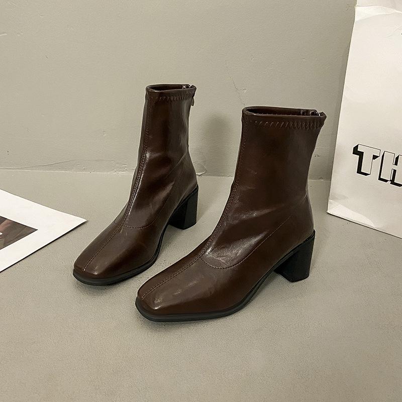 Korean Minimalist Thick Heel Thin Boots 2025 Autumn and Winter New Square Head Rear Zipper High Heel Short Boots Women's Soft Leather Single Boots
