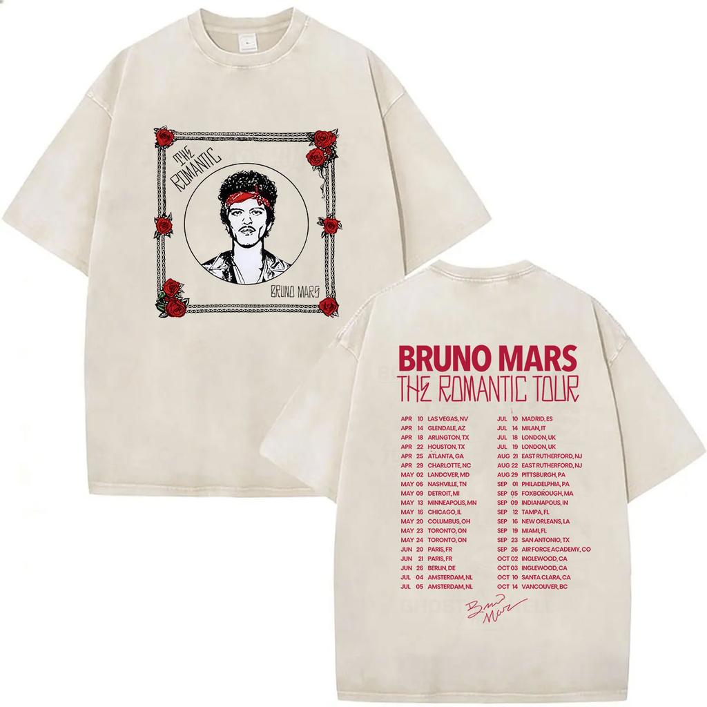 Vintage Washed Rapper Bruno Mars New Album Graphic T Shirts Mens Hip Hop Pop Loose Fashion Short Sleeve Tshirt Streetwear