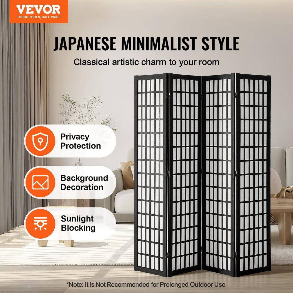 Room Divider Japanese Wall Divider 4 Panel Screen for Room Separation