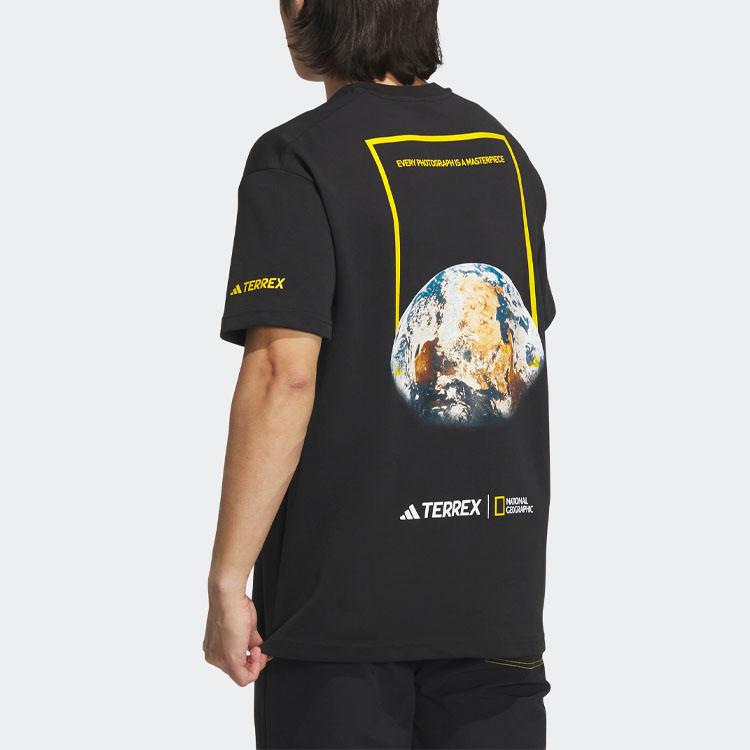 Adidas National Geographic Collaboration Graphic Print Crew Neck Short Sleeve T-Shirt Unisex T-Shirt Black IC1988