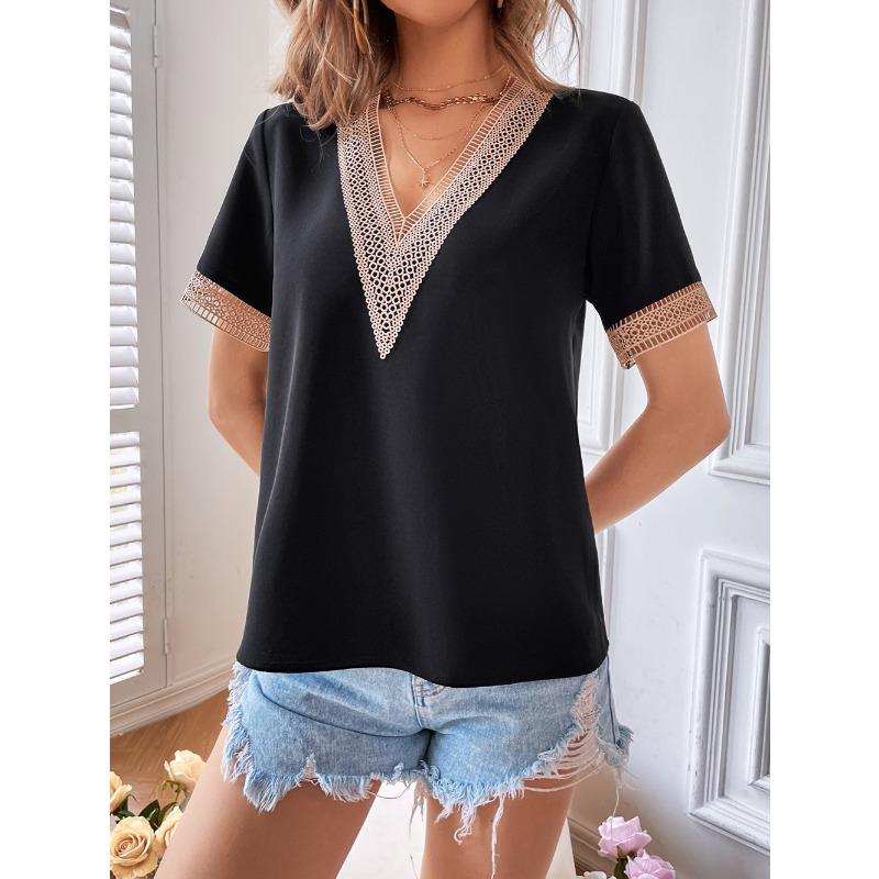 YYFS Women's Fashion Casual Summer Spring Solid Color Print Short Sleeve V-Neck Blouses & Shirts