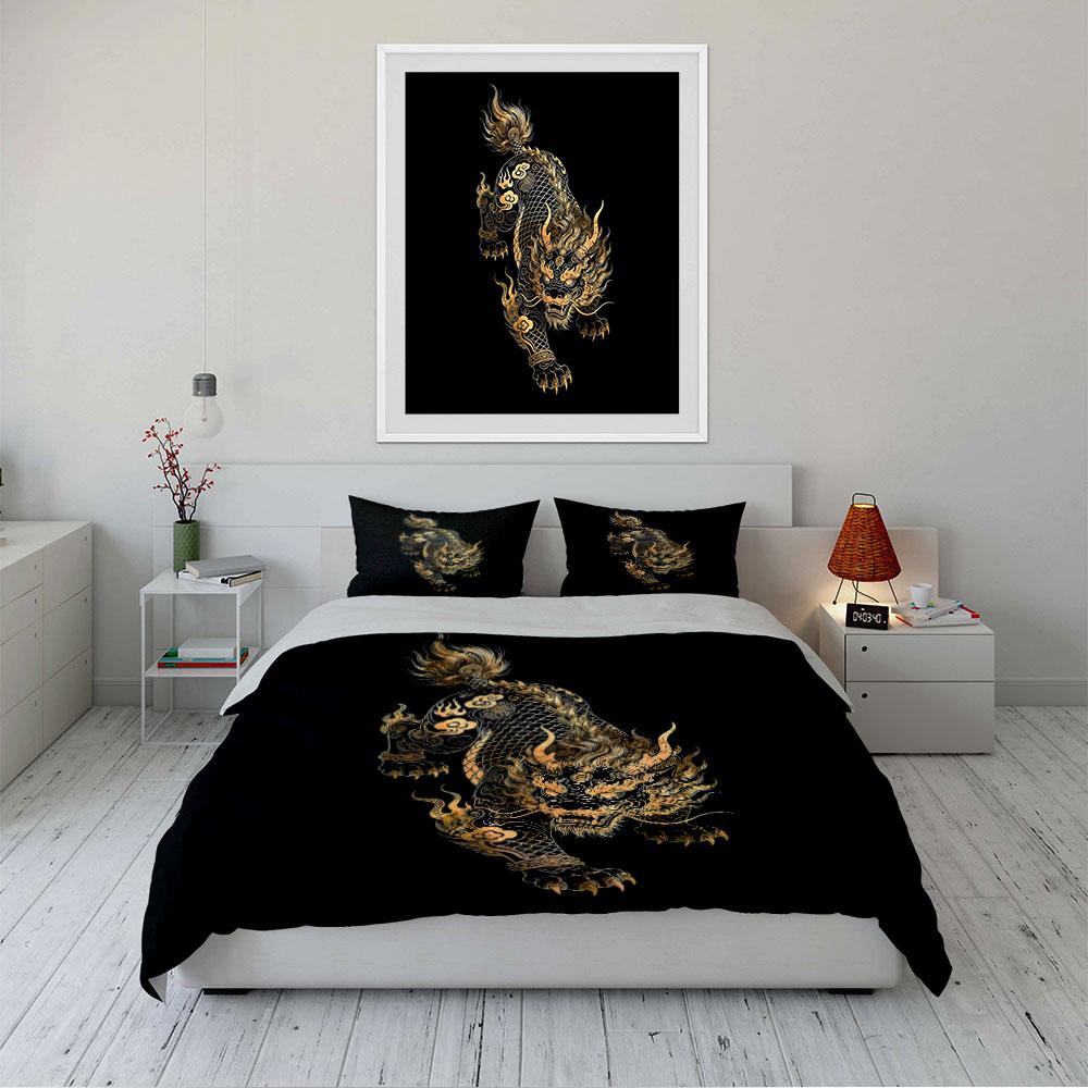 Golden Mythical Beast Design Bedding Duvet Cover Set  (1*Duvet Cover 2*Pillowcases, Without Duvet Insert)