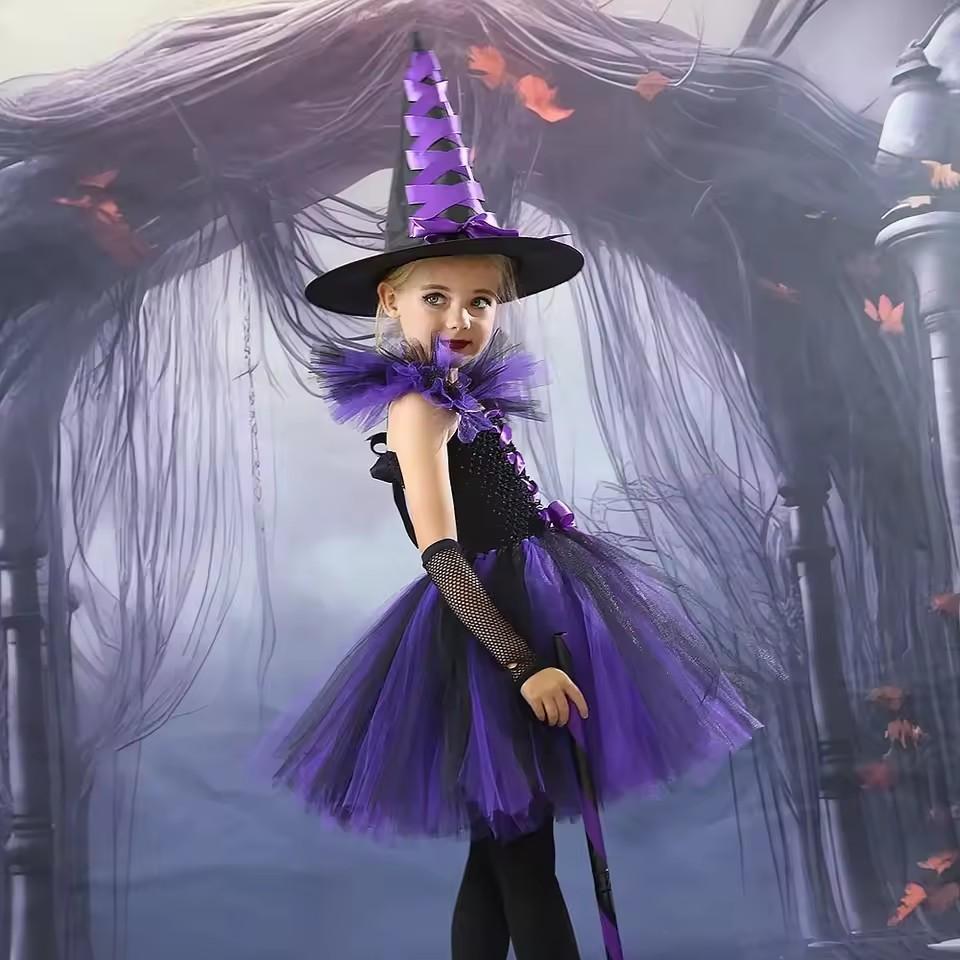 Girls Colour Witch Costume Disguise Halloween Cosplay Carnival Party Christmas Toddler Kids Princess Dress Prom Gown Dress