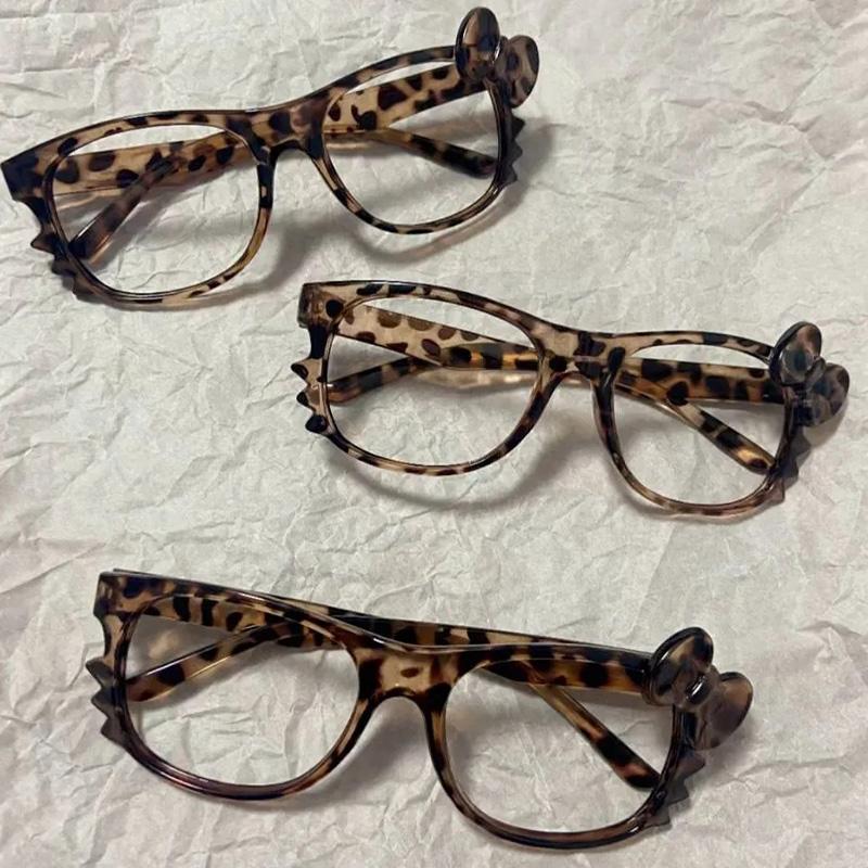 Retro Y2k Leopard Print Bow Glasses Korean Without Lense Eyeglasses Frame Eyewear Spectacle Eyeglass Cosplay Party Accessories