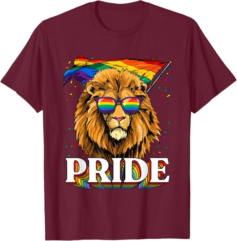 Lion Pride LGBT Rainbow Flag Sunglasses Graphic Tee Casual Cotton T-Shirt for Men