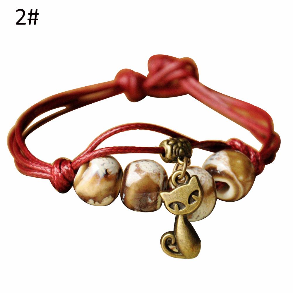 Diamonding Jewelry Ethnic Leaf Cat Charm Ceramics Beaded Bracelet Women Handwoven