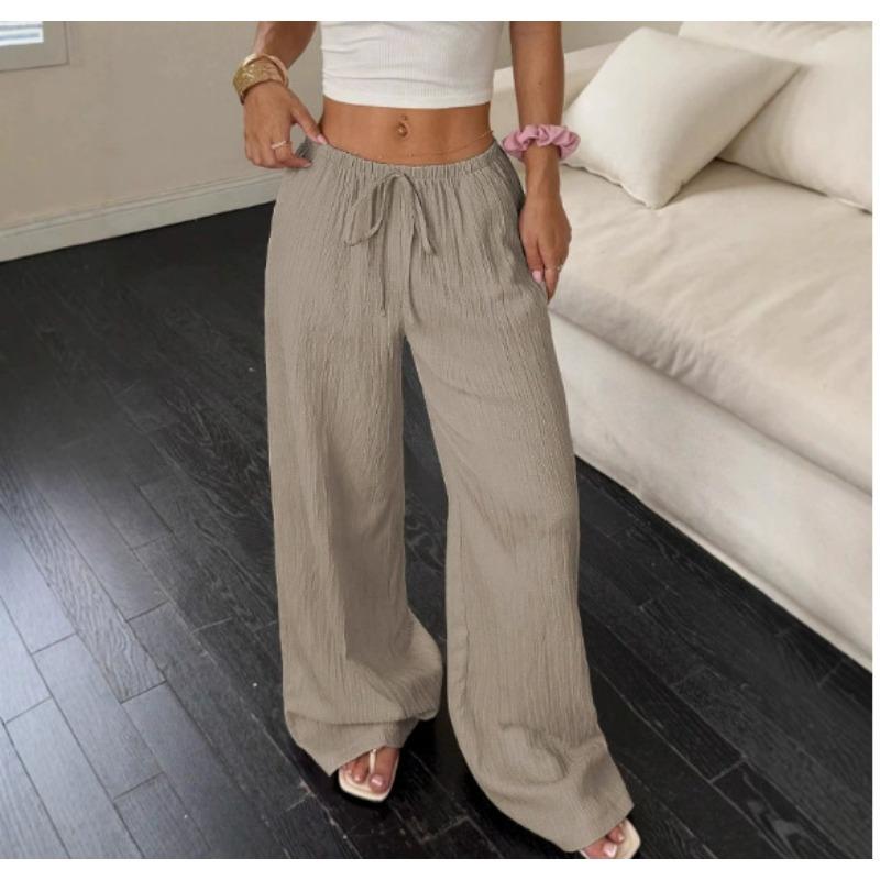 Women's Summer Casual Solid Color Textured Fabric Wide Leg Pants, Knot Waist Oblique Pocket Trousers