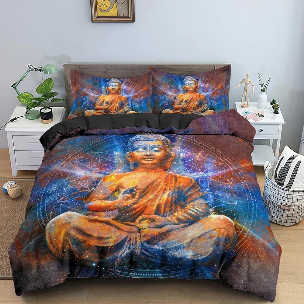 Buddha-Bettwäsche-Set, 3D-Bodhisattva-Bettbezug, klassische Bettdeckenbezüge mit Kissenbezug, Doppel-Queen-Size-Heimtextilien