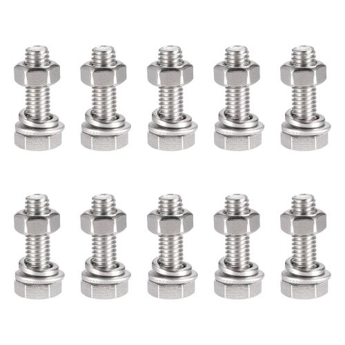 uxcell Hex Bolts, Nuts, Hex Head Screws, Flat & Lock Washer Kit, 304 Stainless Steel, Full Hex Bolt Thread, M6 x 20mm, 10-Pack