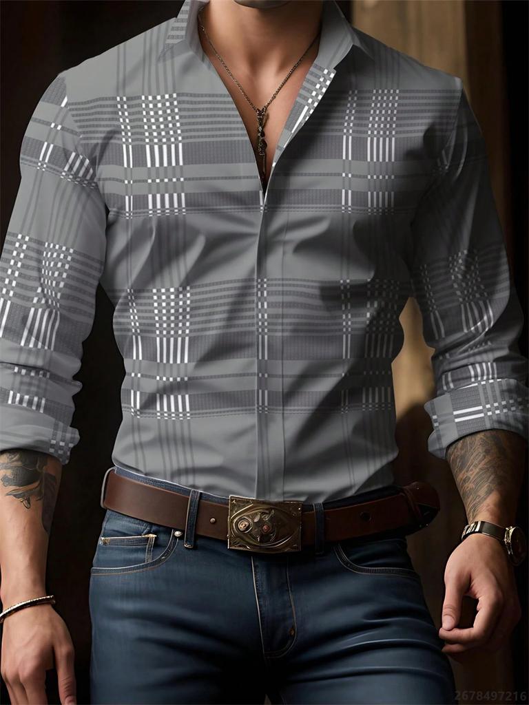 Men's plaid long-sleeved shirt, stylish and casual collared shirt, breathable and versatile top for everyday wear and commuting.