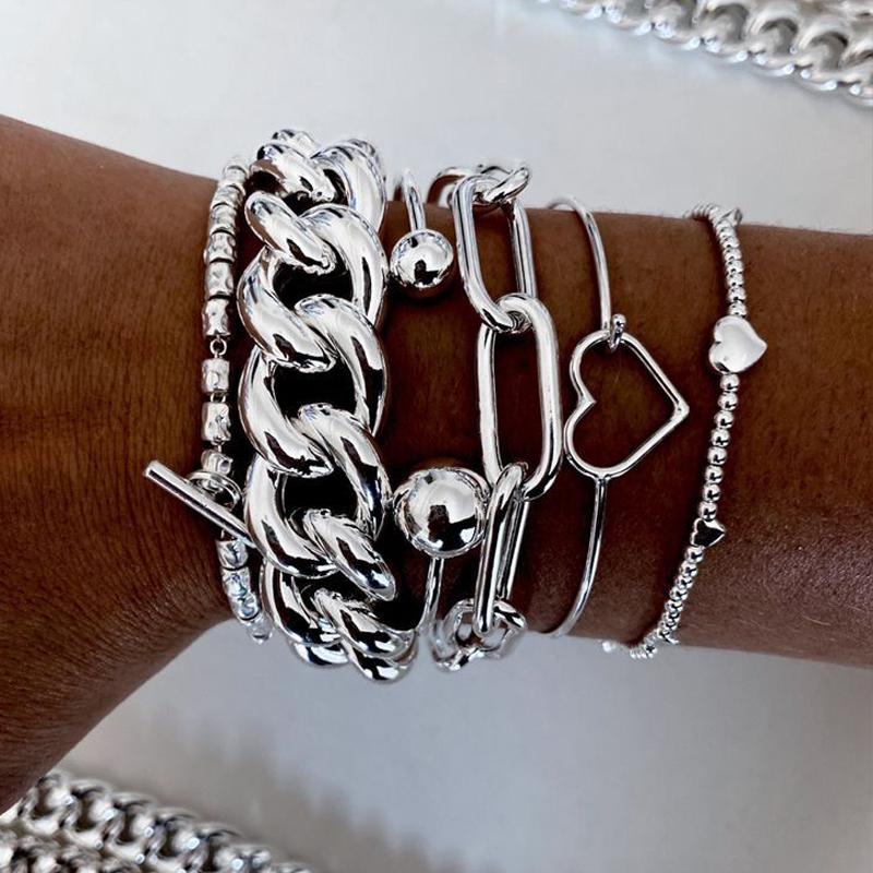 5pcs Vintage Exaggerated Minimalist Heart Bracelet Set Boho Chunky Silver Color Thick Chain Bead Bracelets For Women Jewelry New