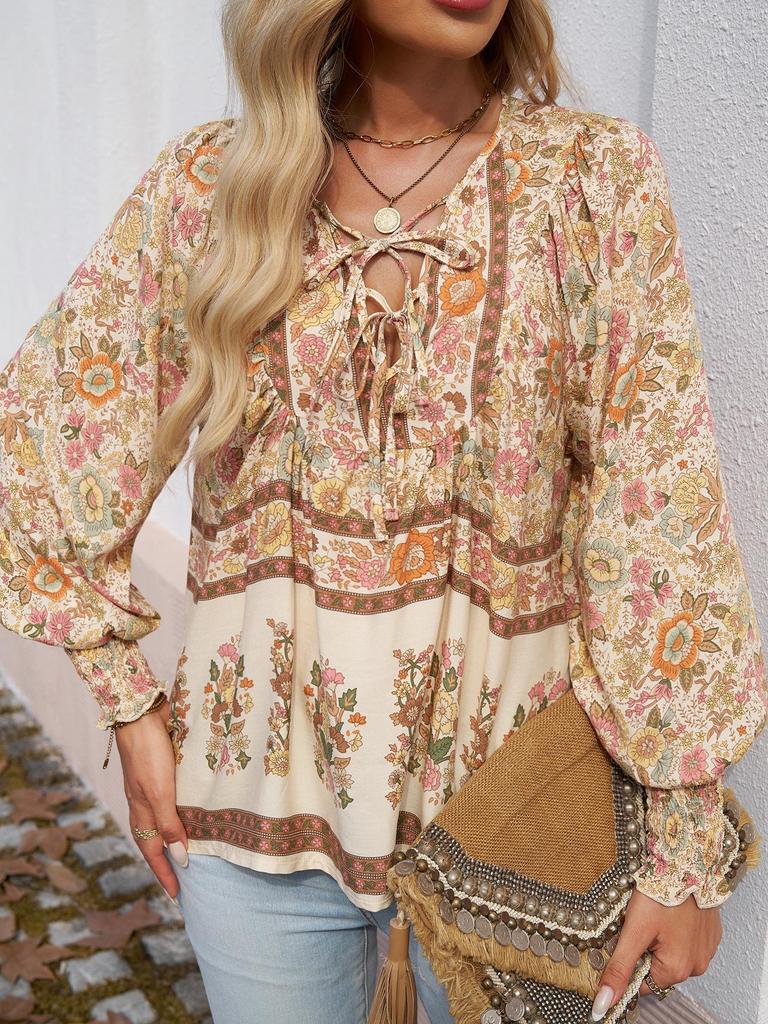 Spring/Summer 2025 Bohemian V-Neck Tie Long Sleeve Print Top for Women.