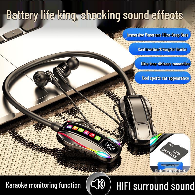 Wireless Neckband Bluetooth Headphones with Long Battery, Memory Card Slot, K-Song Ear Monitor, and HD Call Function.