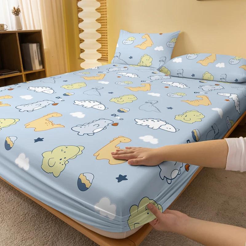 1 Cartoon Cute Animal Dinosaurs Printed Matte Fitted Sheet, Bedroom Printed Bed Cover, Bedding (Excluding Pillowcases)