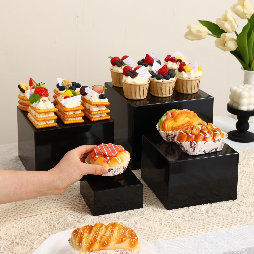 3pcs/4pcs cube glossy black/semi transparent black acrylic dessert cake display stand durable wedding and celebration stand