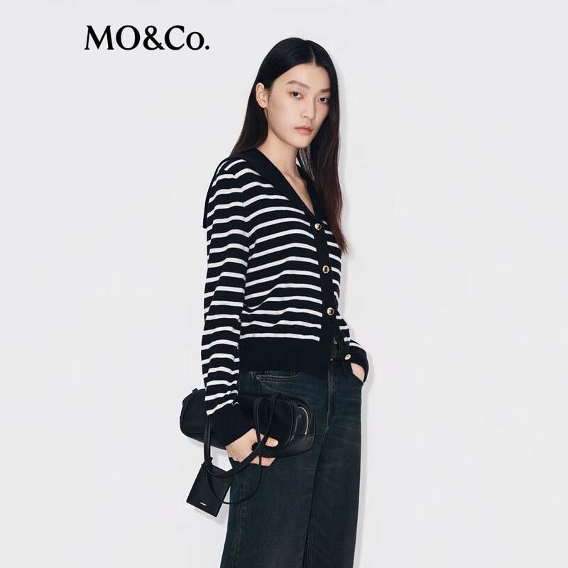 MO&Co. Women's Short Lapel Striped Knit Cardigan