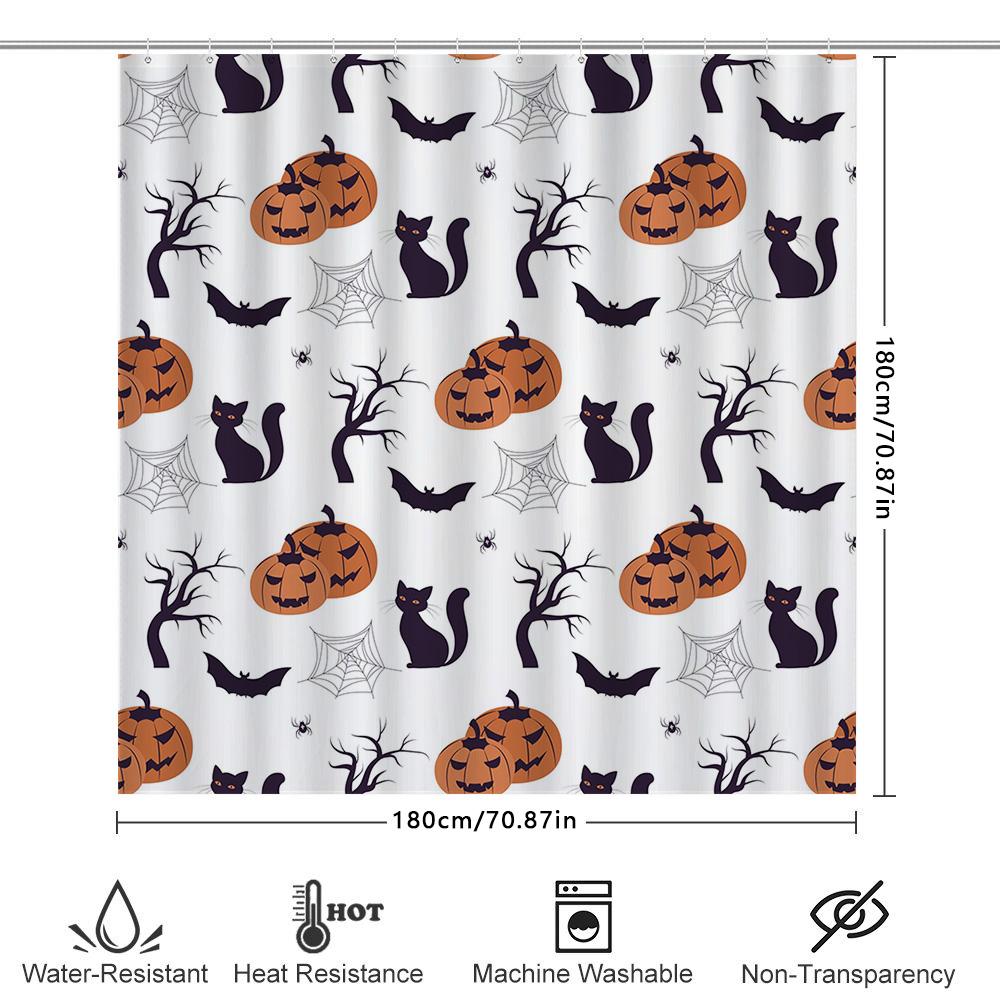 Halloween Decor Shower Curtain Halloween Pumpkin Cats Black Spiders White Bath Mat Waterproof Bathroom Curtains Customizable