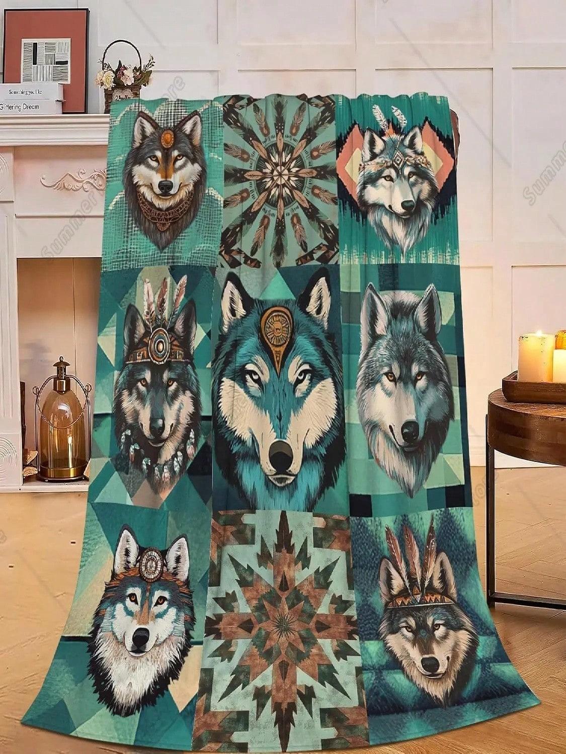 Wolf Blanket Cozy Soft Teal Wolf Flannel Plush Throw Blanket Warm Fluffy Wolf Wild Animal Fleece Bedding Stuff Decor Blanket 75X95CM серый