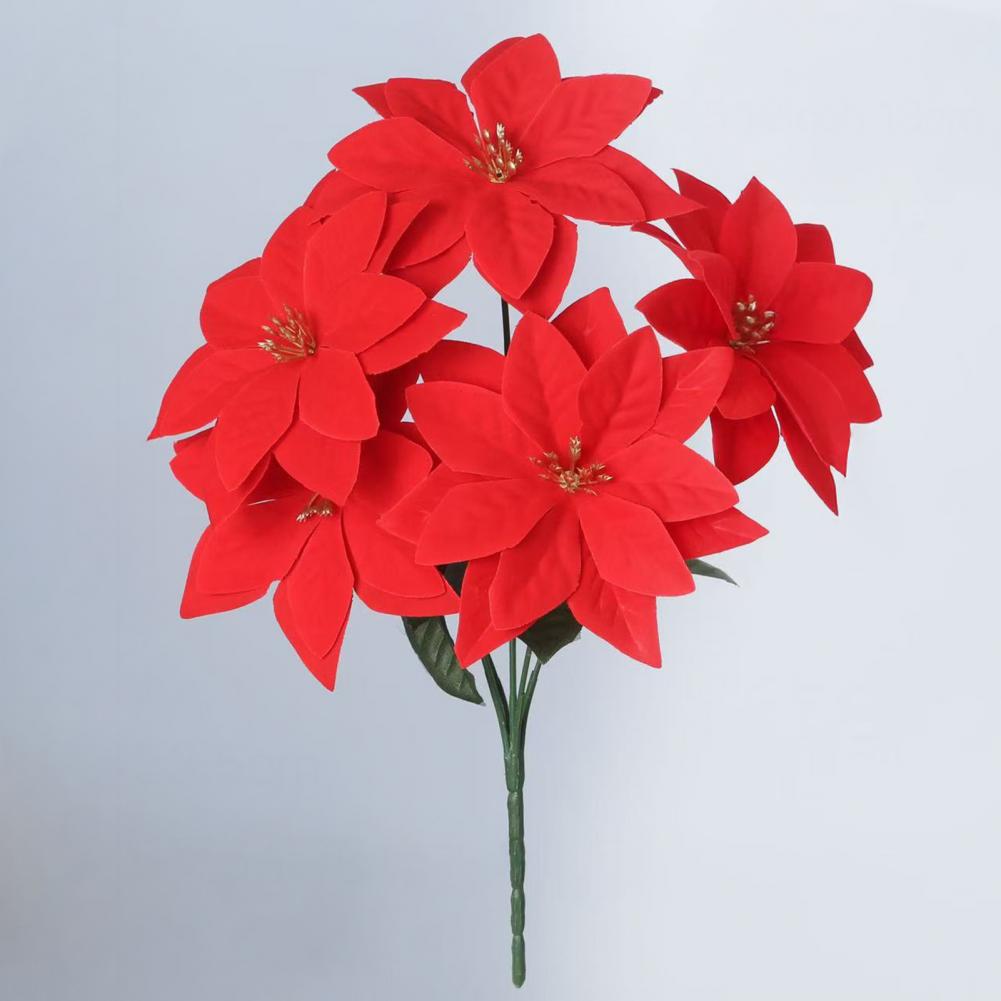 Faux Poinsettia Stems Flowers 13 Inch Artificial Poinsettia Flower Bouquet With 5/7 Heads Faux Silk Christmas Floral Arrangement