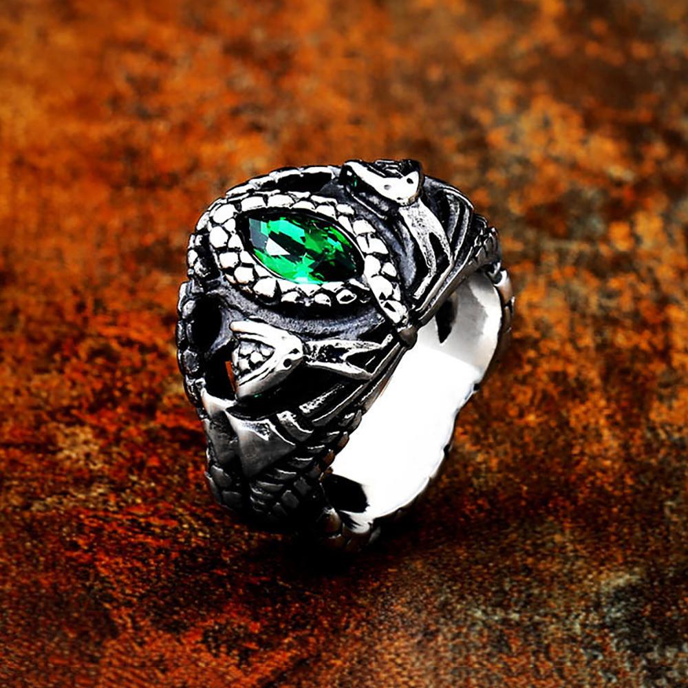 Vintage 316L Stainless Steel Aragorn II Barahir Snake Rings with Green Stone Eye for Men Women Fashion Punk Jewelry Dropshipping