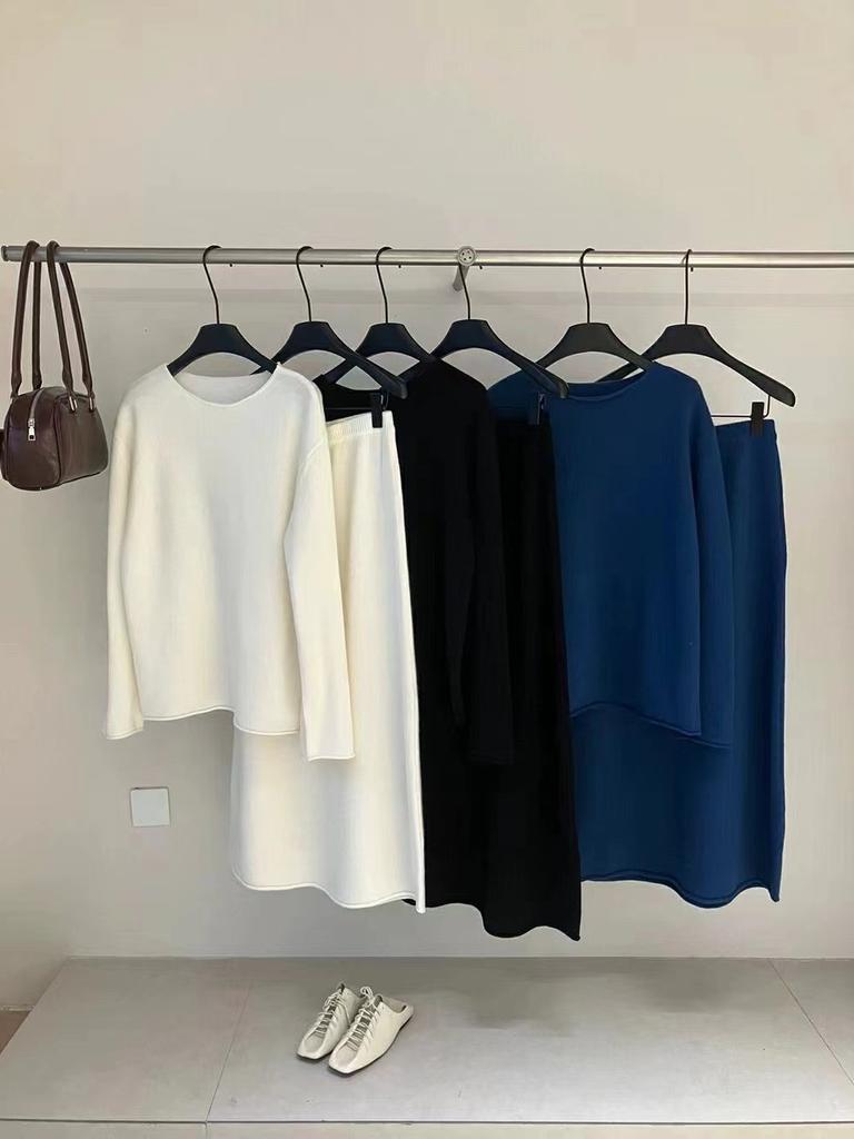 New solid color round neck loose lazy style pullover + elastic waist skirt foreign style two-piece set for women