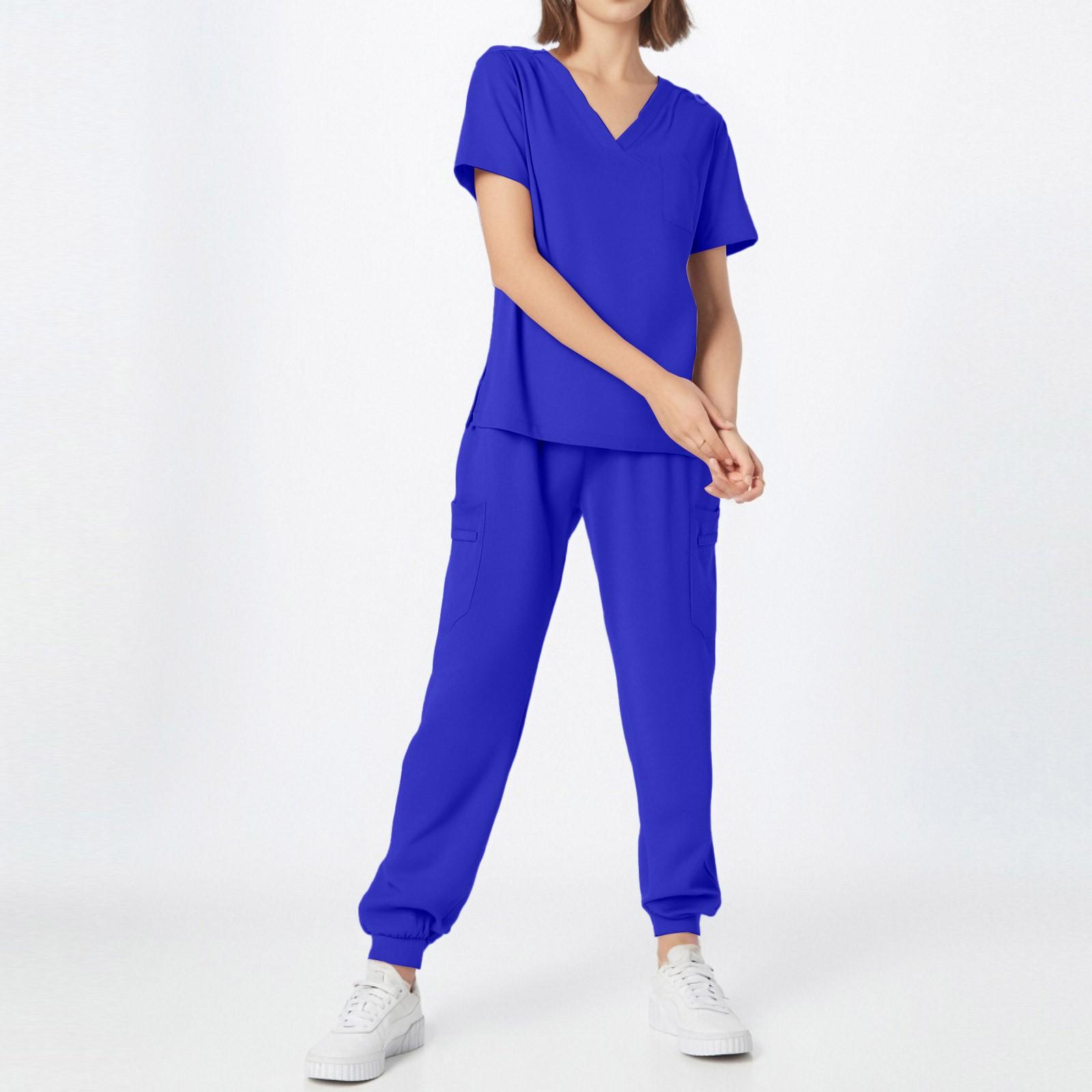 

Женский однотонный топ с короткими рукавами и круглым вырезом, карманы, брюки, рабочая одежда, комплект из двух предметов M