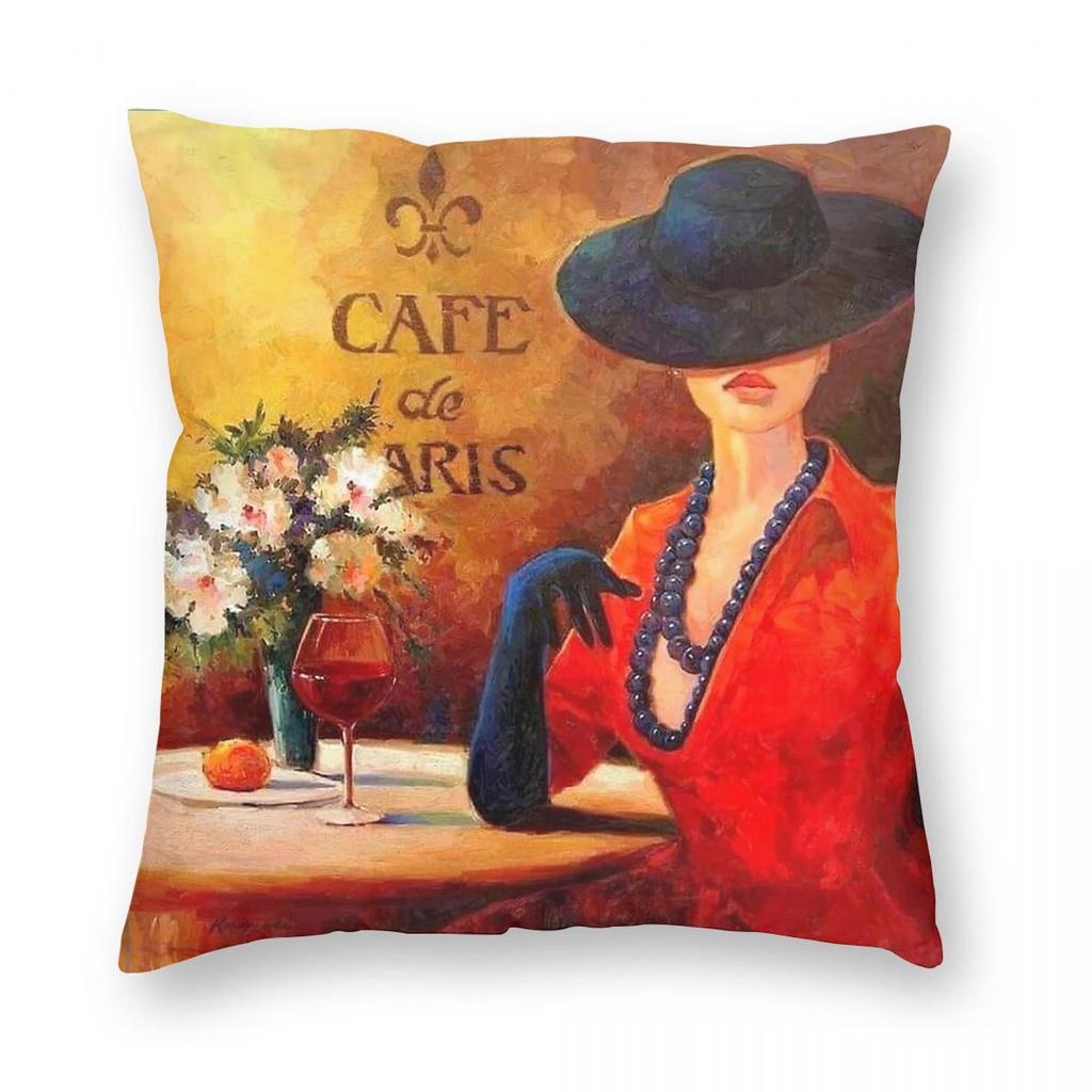 Lady With Hat Cafe De Paris Square Pillowcase Polyester Linen Velvet Printed Decorative Throw Pillow Case Room Cushion Cover
