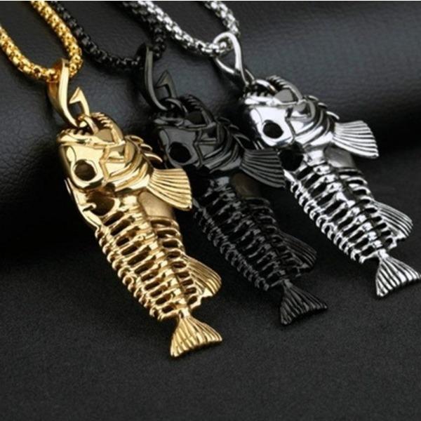 Fish Bone Fish Skeleton Pendant Surfer Chain Necklace Gold Black Unisex Jewellery
