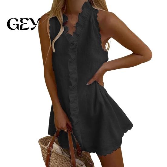 Ruffle Mini Skirt Dress Summer for Women, Sleeveless V Neck Cotton Sundress Beach Vacation Linen Short Dress, Boho Casual A-Line Women
