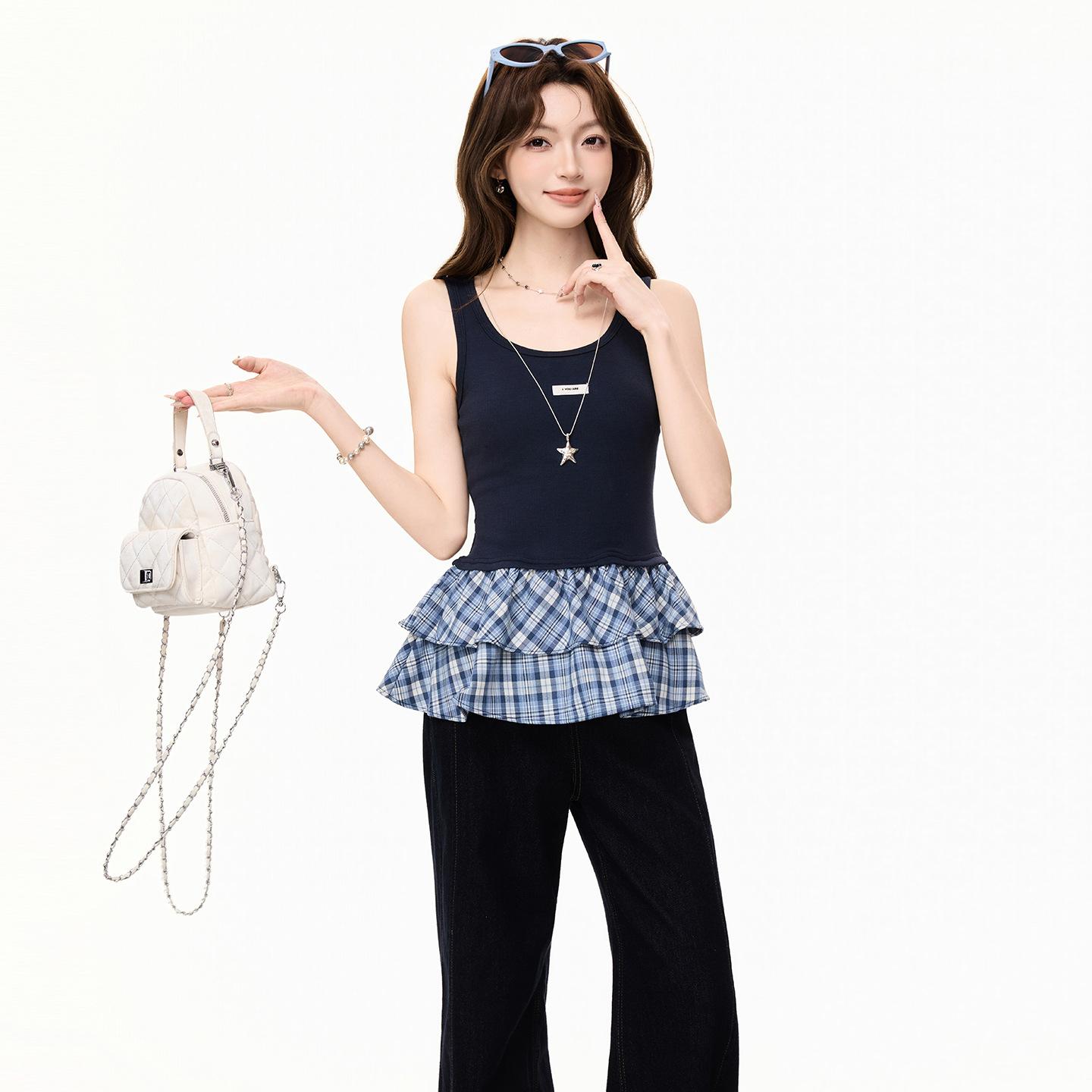 

navy blue plaid ruffle hem vest, sling women s summer slim-fit design, sleeveless stacked top XL темно-синього кольору
