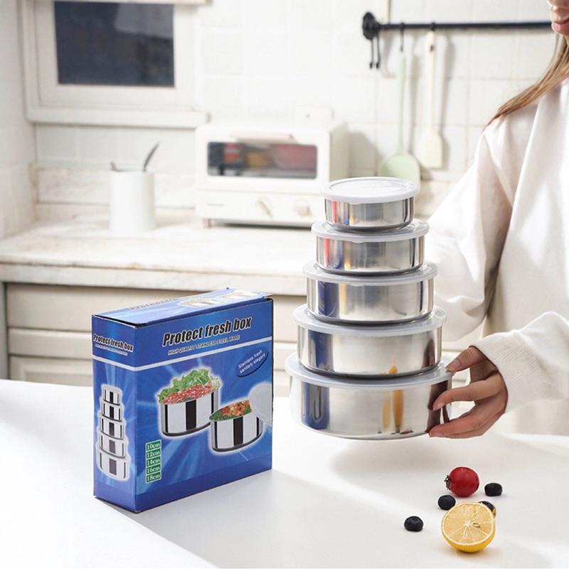 5Pcs Silver Stainless Steel Mixing Bowls With Lids Stackable And Storage Deep Nesting Bowls Dishwasher Safe For Kitchen Baking A