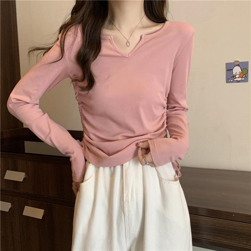 

2024 Slim Fit V-Neck Long Sleeve Yoga Top - Korean Style, Autumn/Winter Design Extra Large рожевий