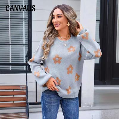 Autumn and Winter Women's Sweater Flower Long Sleeve Round Neck Knitwear Printed Sweater