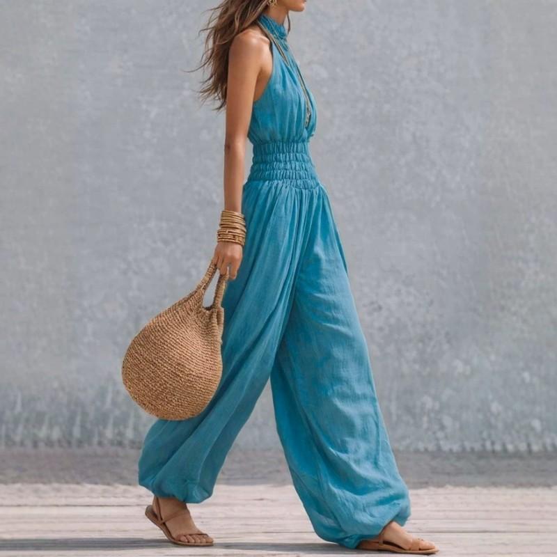 Womens Sleeveless Halter Jumpsuit High Waist Wide Leg Boho Chic Outfit 100% Viscose