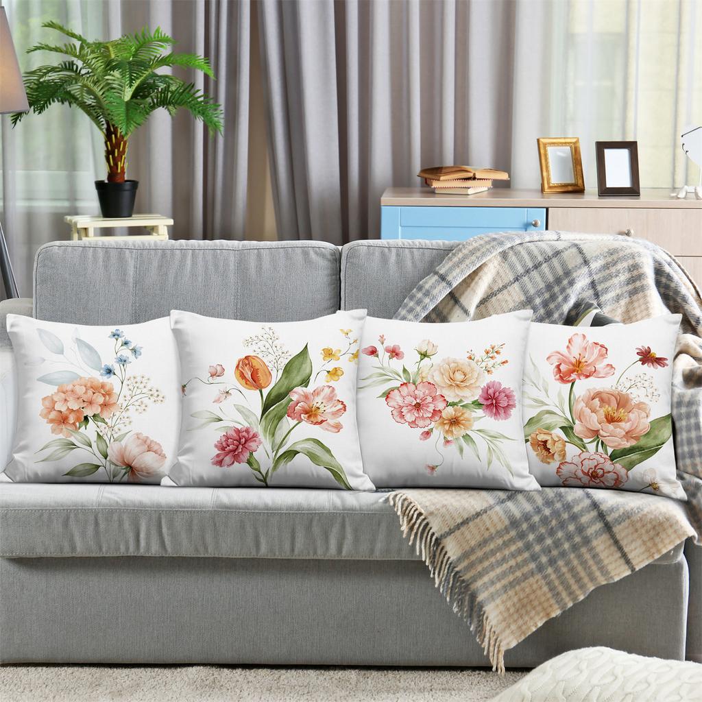 Watercolor Peach Pink Floral Pillow Covers Peony Tulip Daisy Mix Decorative Throw Pillow Cases Elegant Home Decor Cushion Covers