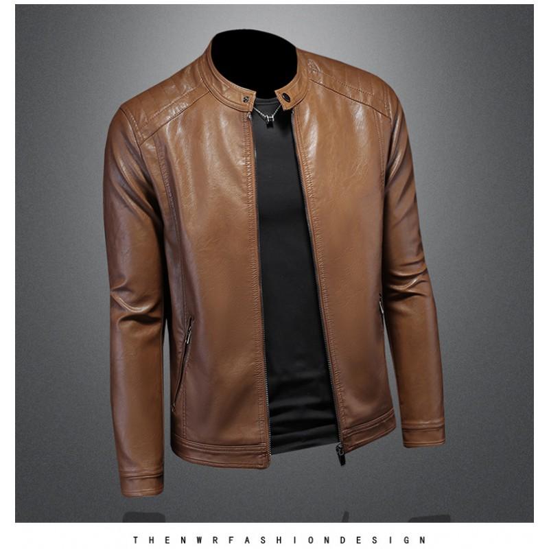Mens PU Leather Biker Jacket With Stand Collar Slim Fit Casual Outerwear