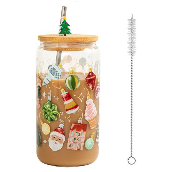 Color Changing Christmas Glass Cup with Lid Straw Brush Reusable Glass Iced Coffee Cup Cute Xmas Party Decorations for Mom Her