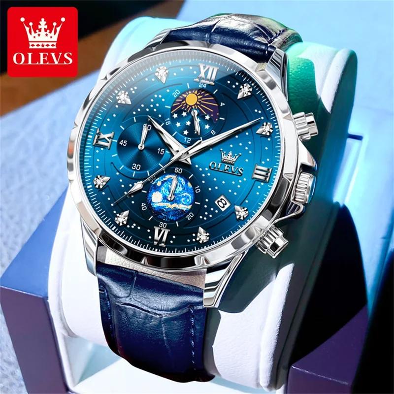 

OLEVS Часы для мужчин хронограф кожа дата календарь фазы луны мужские наручные часы кварцевые аналоговые светящиеся водонепроницаемые мужские часы синий/серебряный