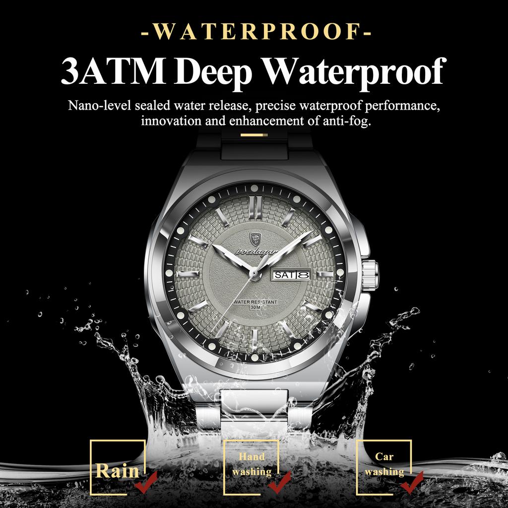 POEDAGAR Fashion Men Wristwatch Stainless Steel Waterproof Luminous Man Clock Date Week Quartz Business Men's Watches Male Reloj
