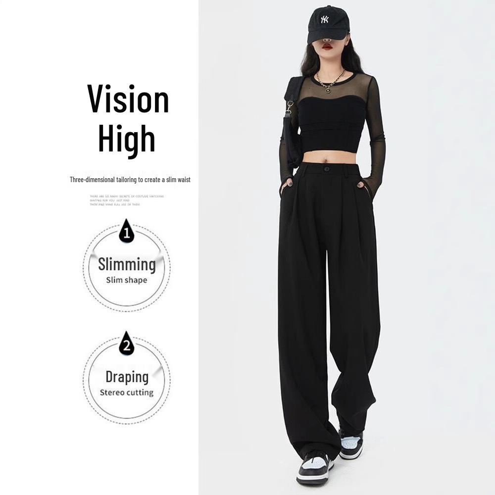 

Women s High-Waisted Wide-Leg Black Pants for Spring/Autumn 2025 – Loose, Straight, Casual Suit Pants XS чёрный