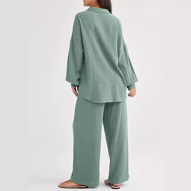 Women's Casual Loose Long Sleeve Shirt and Wide Leg Pants Set in Beige