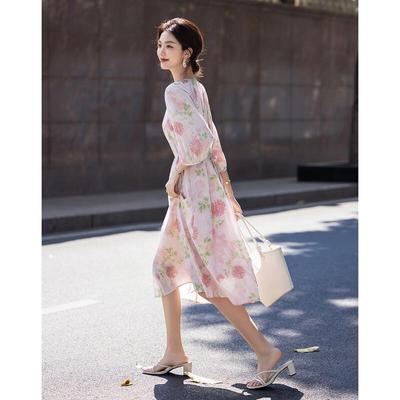 DEMANA Women's Cotton Slub Print A-Line Midi Dress